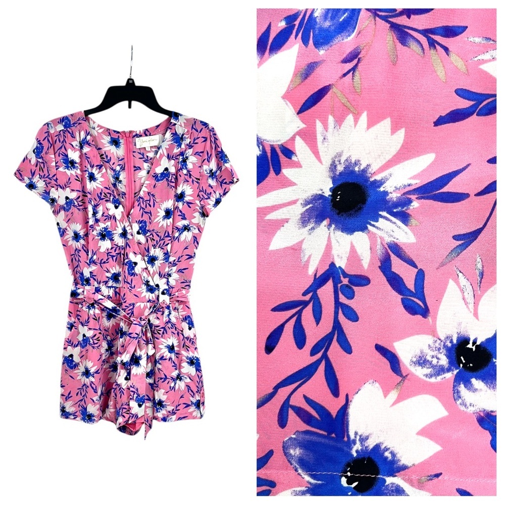 Yumi Kim Paradise Faux Wrap Surplice Romper Jumpsuit Pink Floral Safari Silk - Picture 3 of 16